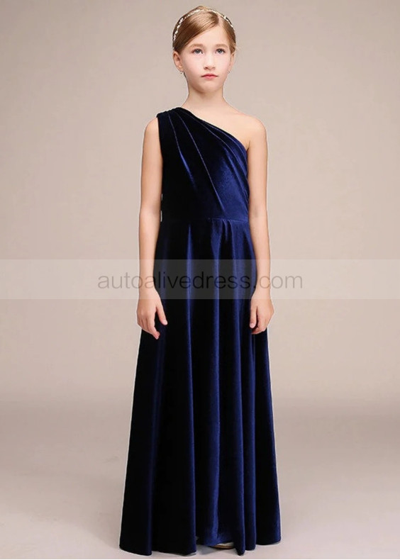 One Shoulder Navy Blue Velvet Long Flower Girl Dress